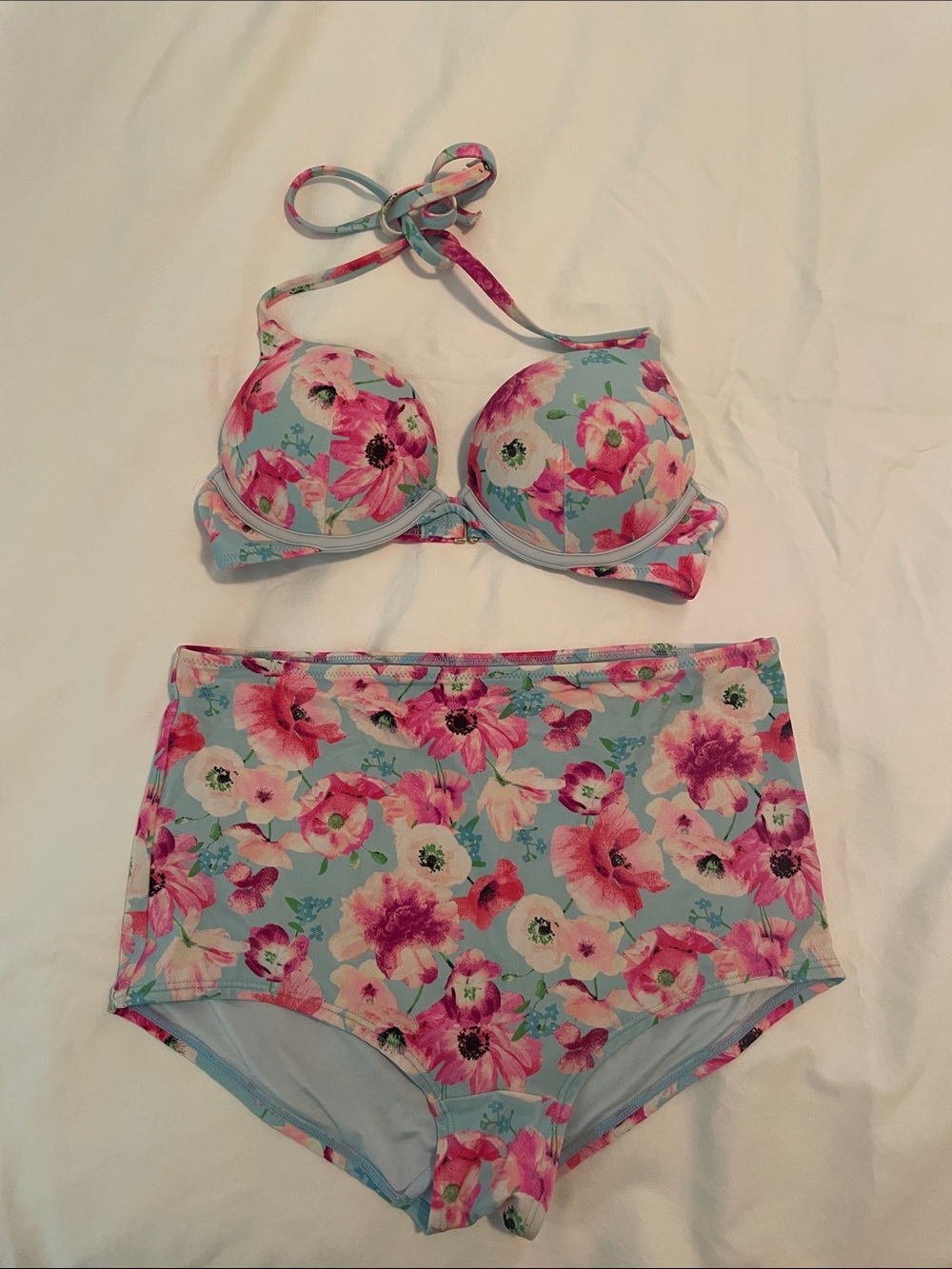 Victoria's Secret Light Blue Floral Bikini Set 32A, Small Bottom